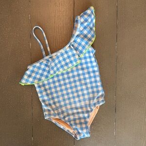 CrewCuts Toddler Girls’ One Shoulder Blue Gingham One-Piece Swimsuit • Size 3